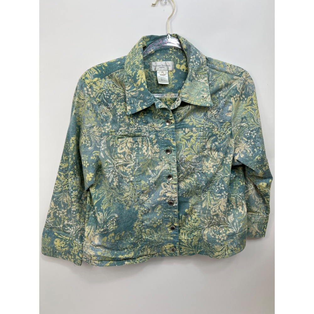 Susan Bristol Petite Teal Green‎ Floral Paisley Beaded Button Front Jacket PL